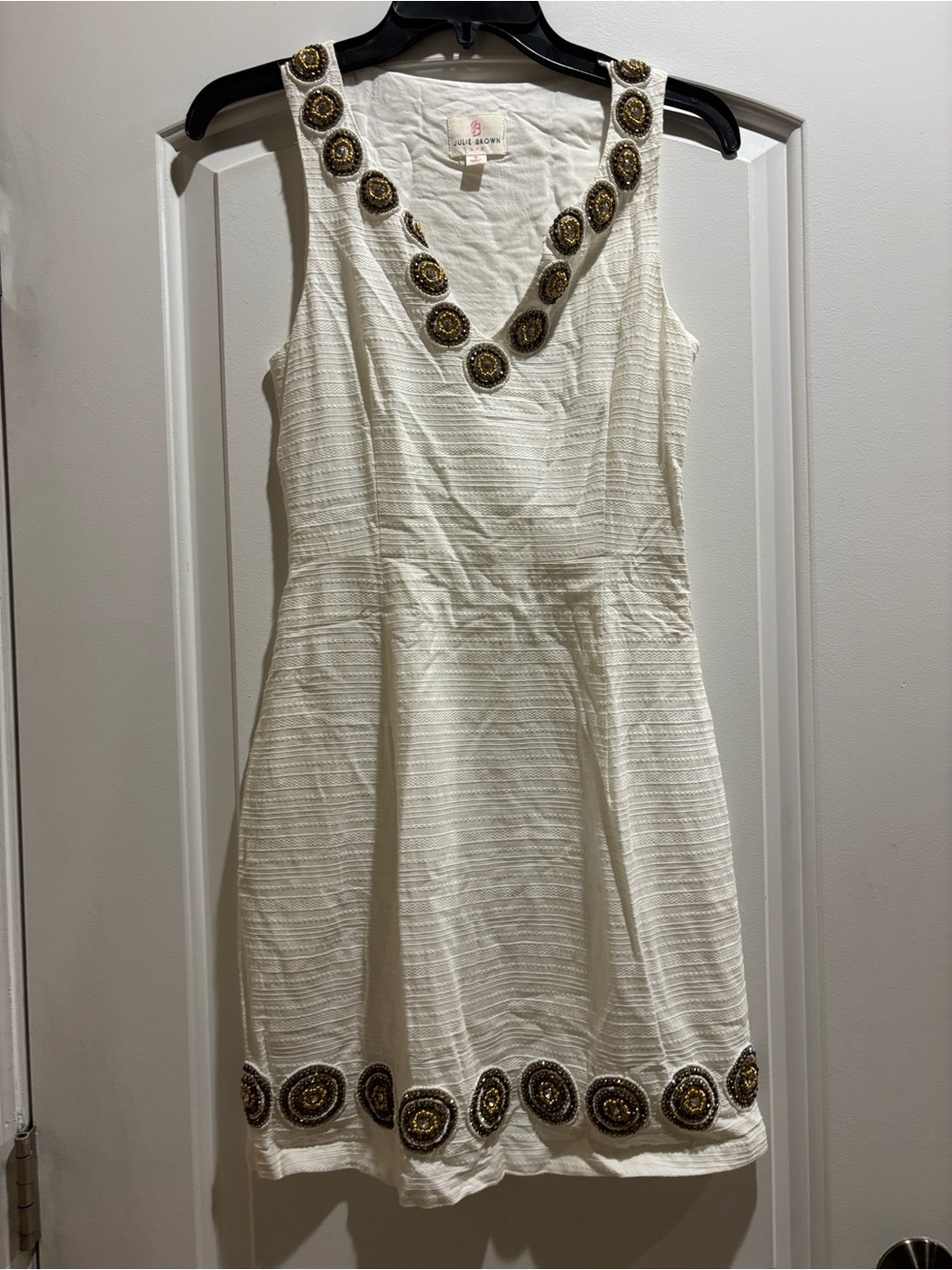 JB by Julie Brown Cream Mini Dress with Gold Embellished Medallions Size 2